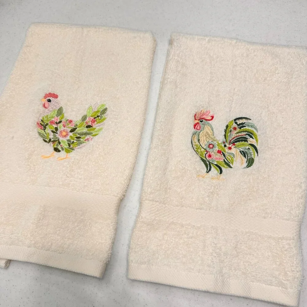 Chicken Towels Embroidered Hand Towel Set Hen Rooster Bathroom Home Farm Decor